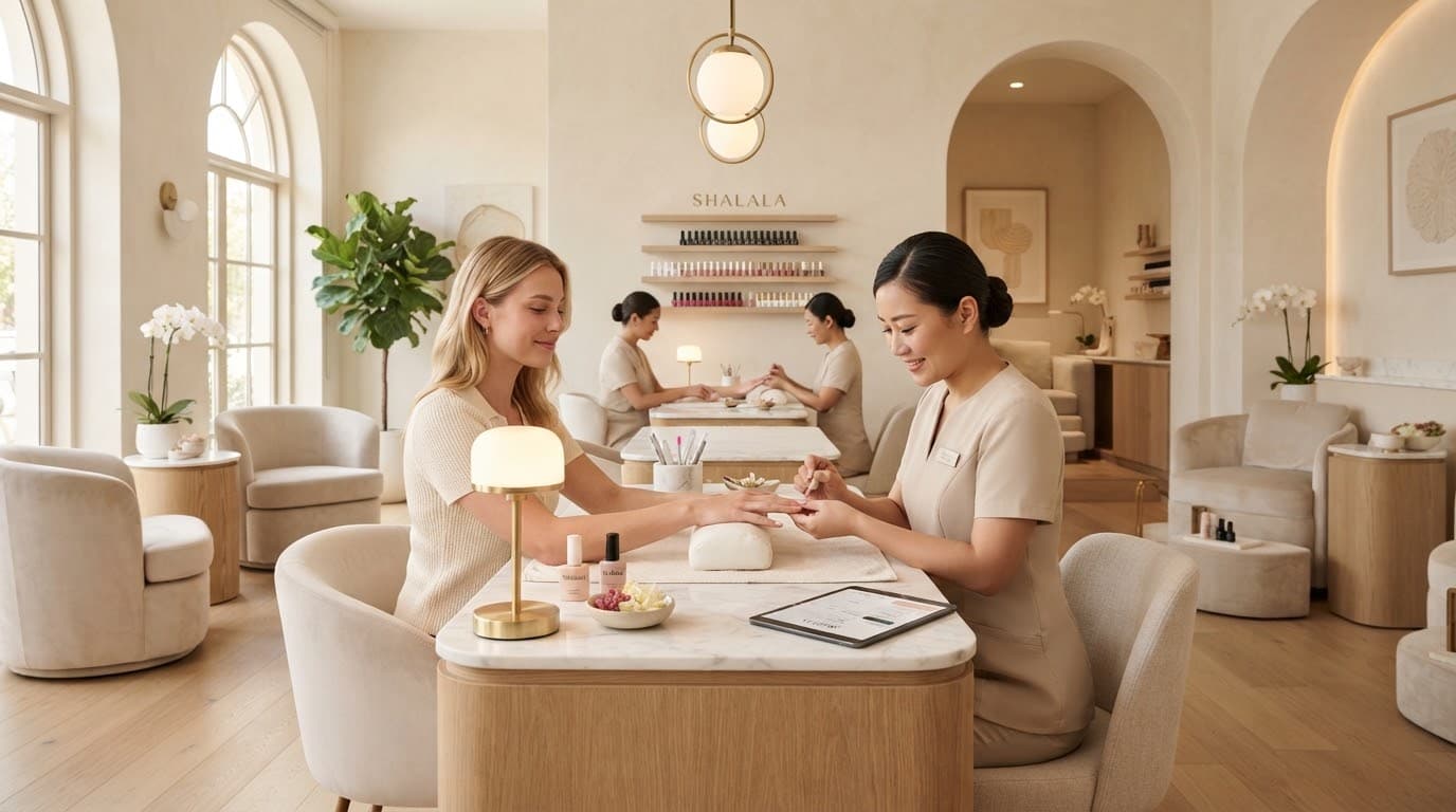 A serene, minimalist salon interior with soft cream walls, warm ambient lighting, and elegant, modern seating. A pristine manicure station is in focus, reflecting a luxurious and tranquil atmosphere.