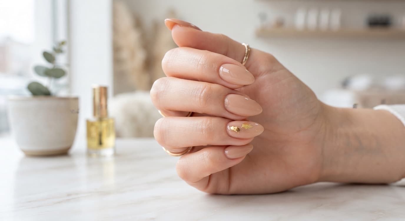 Close up of a perfect, minimalist almond-shaped manicure with a glossy nude finish and a single delicate gold flake accent on one nail. Soft, high-key lighting.